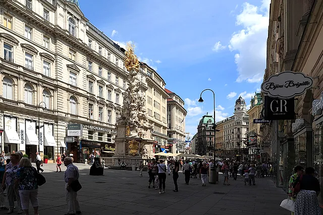 O Graben, rua de pedestres do centro de Viena, com a Coluna da Peste dourada entre edifícios históricos e pessoas passando, sob um céu azul